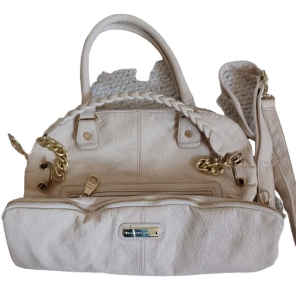 Steve Madden Chunky Gold Chain Purse Tan Faux Pebble Leather Zippers Tote Bag - Picture 4 of 8